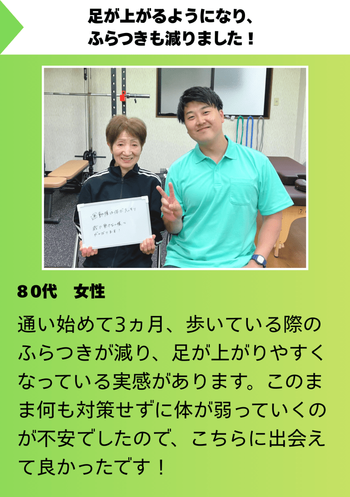 80代の笑顔の高齢女性が、ジムで若い男性トレーナーと一緒にポーズをとり、3か月のトレーニング後の運動機能の改善などの肯定的な体験を表す看板を持っている。