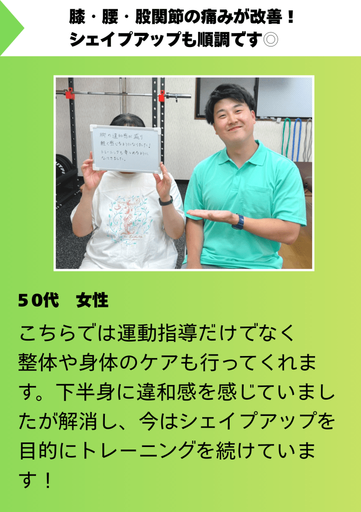 50代の女性が、膝と股関節の痛みの緩和状況が書かれたホワイトボードを手に持ち、ティール色のシャツを着たトレーナーが笑顔で隣に立っている。背景にはジムの器具が映っている。